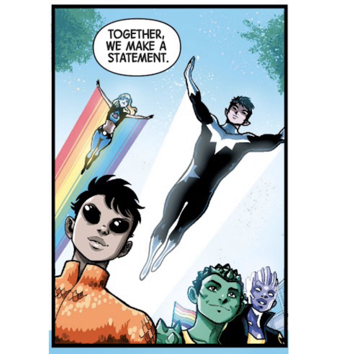 “Together we make a statement.” Northstar, the first Marvel hero to come out. Julie Powers who we’ve seen grow up from childhood to out and proud, Koi Boi representing for trans masculinity, Anole and Bling signifying queer identity overlaps and trumps mutant identity.