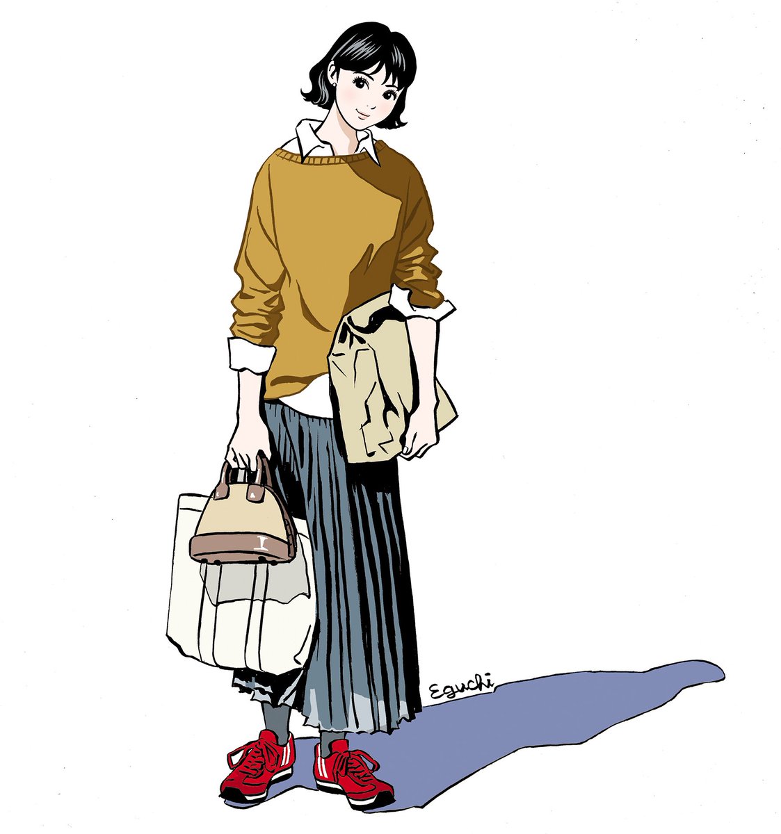 1girl solo skirt black hair bag shoes red footwear  illustration images