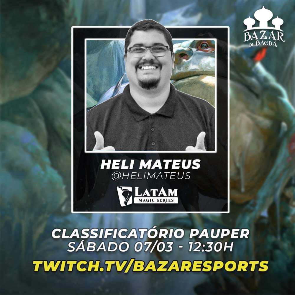 Mto feliz pela oportunidade de estar na transmissão do Classificatório <a href="/LatamMagic/">LatAm Magic Series</a> Pauper na <a href="/bazardebagda/">bazardebagda</a> nesse fds! Acompanhem ao vivo sábado às 12:30h na Twitch: twitch.tv/bazaresports