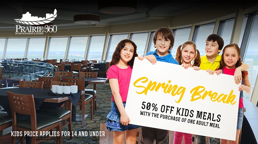 Spring Break is just around the corner and we want you to join us for lunch or dinner with the best view of Winnipeg! We are offering 50% off all kids meals with the purchase of each adult meal from March 30-April 3rd. Book your table here bit.ly/bookprairie360