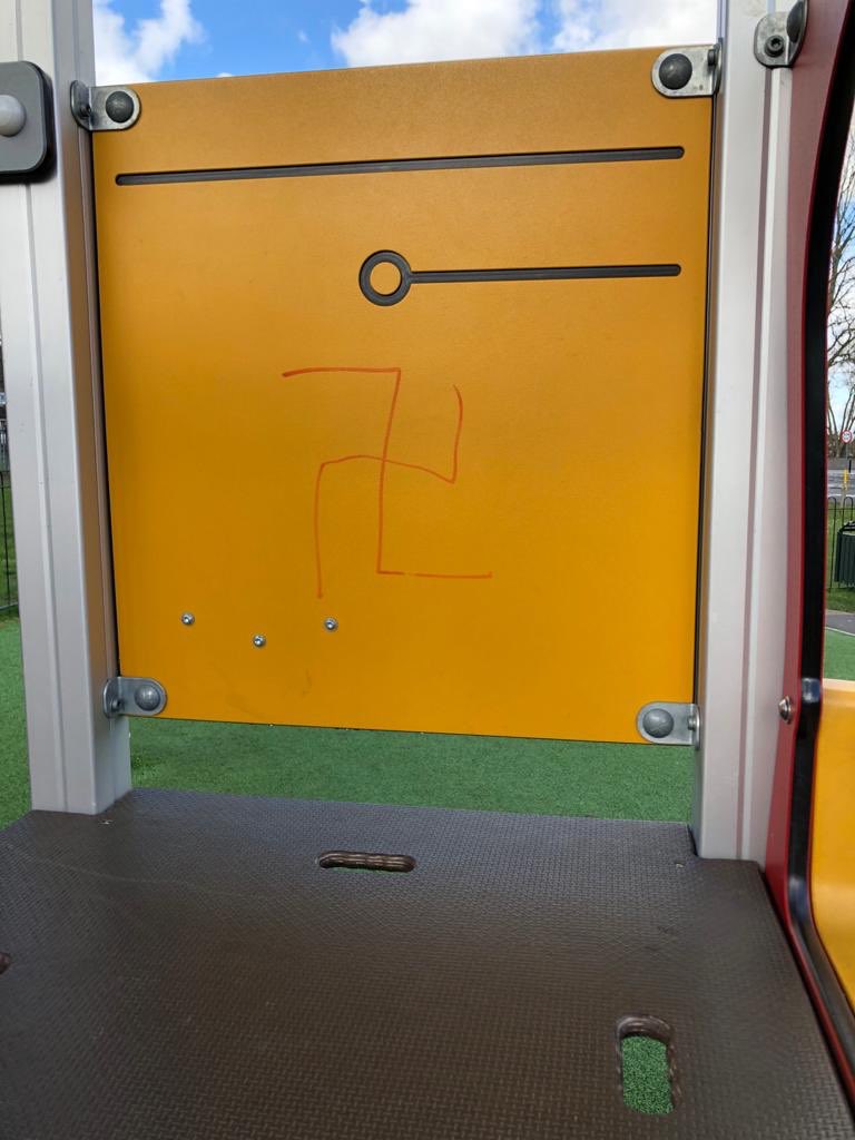 PaulGarbett3's tweet photo. @graveshambc Hello is there any chance of getting someone to go to the new park at cascades as they is racist graffiti on the equipment, there is more but it is more offensive than this. https://t.co/oa8dz0CGlm