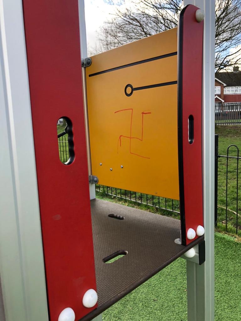 PaulGarbett3's tweet photo. @graveshambc Hello is there any chance of getting someone to go to the new park at cascades as they is racist graffiti on the equipment, there is more but it is more offensive than this. https://t.co/oa8dz0CGlm