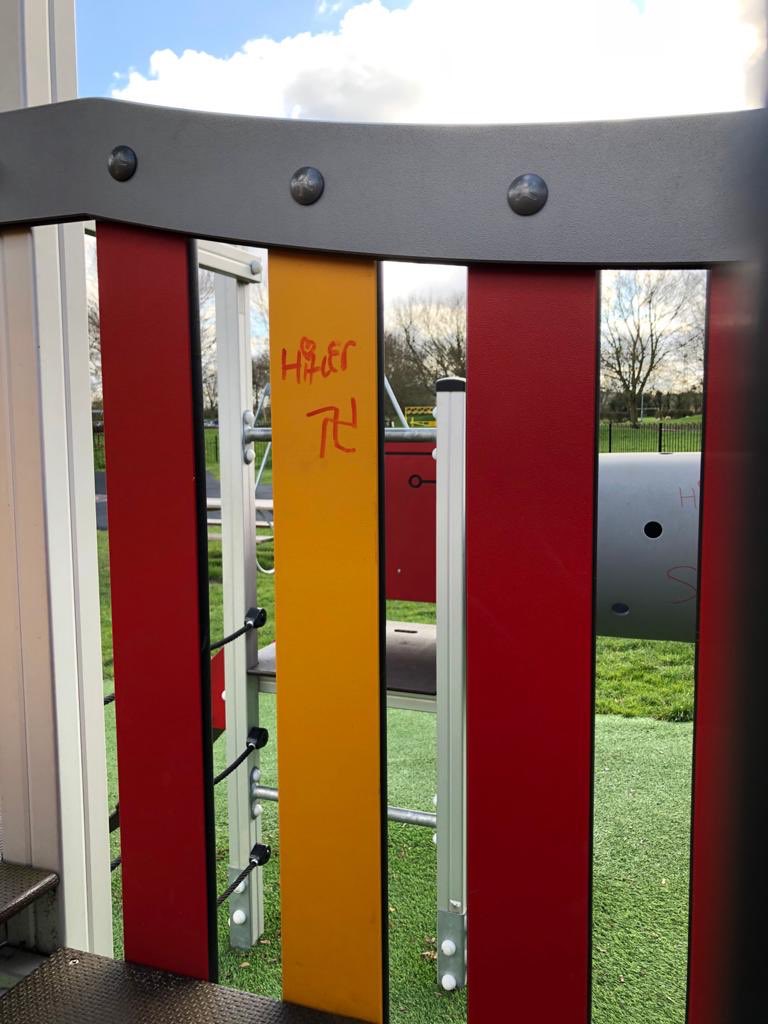 PaulGarbett3's tweet photo. @graveshambc Hello is there any chance of getting someone to go to the new park at cascades as they is racist graffiti on the equipment, there is more but it is more offensive than this. https://t.co/oa8dz0CGlm