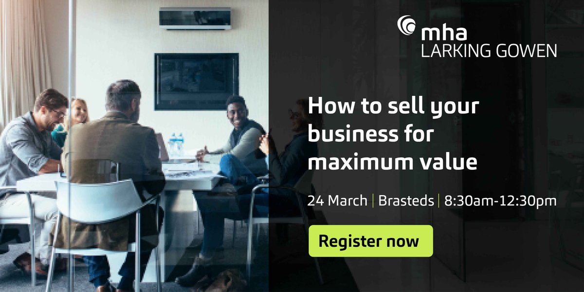 MHA Larking Gowen would like to invite you to their seminar: How to sell your business for maximum value. Have you booked your place yet? This seminar is aimed at business owners considering their future exit strategy #businessadvice ow.ly/orGD30qldQO