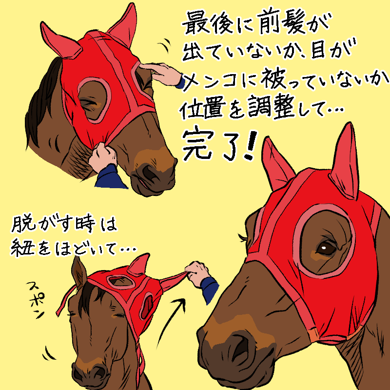 西郷トロ メンコは本当に沢山デザインがあって面白いので気になる方は是非調べてみてくださいね 中にはその馬の為だけに作られたメンコもありますよ コンプレッションフード 私は密かにアッシェンメンコと呼んでいます 笑 メンコ 馬 競走馬