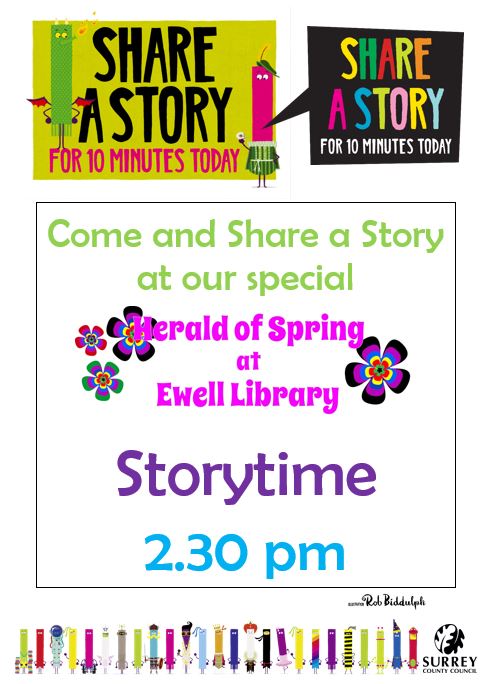 EwellLib's tweet photo. Come and #ShareAStory at our special #HeraldofSpring storytime tomorrow at 2.30 pm
#WorldBookDay #SurreyLibraries #Spring https://t.co/FfVN7Ta0MY