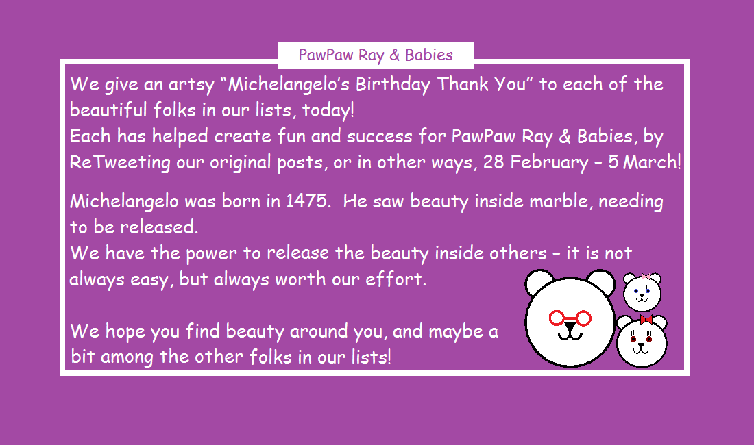 pawpaw_ray's tweet photo. Last week's Wordy Dozen🐻
@NICKICHANGPOW
@OMGITSAGIRL2015
@BLOGGINGMAMA101
@MAMABEFRUGAL
@OPARENTING
@JASONJOELSMITH
@BLOGLOVE2018
@DRSTACEYDVM
@SUMMERBREEZEUS
@JAQUI_MCFARLAND
@ELVESUPNORTH
@BOLSKITTY

#FF #FollowFriday #ThankYou #Gratitude #Grateful #ShareTheLove #Thankful https://t.co/Iyl7YF3hc7