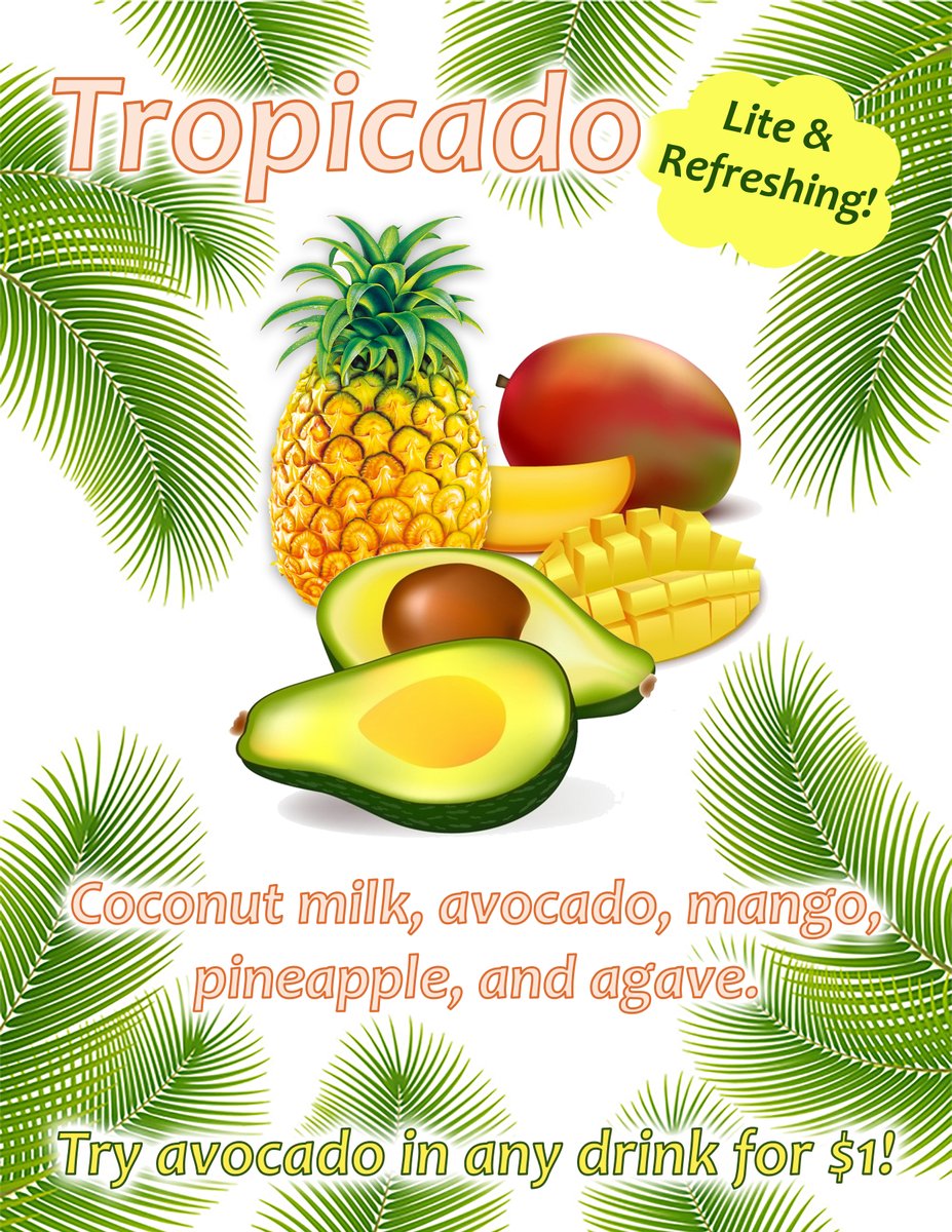 BerryBlendz_OSU's tweet photo. It's time for another new smoothie of the month and its #AvocadoSZN BABY

That's right, we're THIS GOOD at pandering to Millennials and Gen Z

Come drink the Tropicado or add avocado to any other drink

You know you want to https://t.co/Bdb79dEXhm