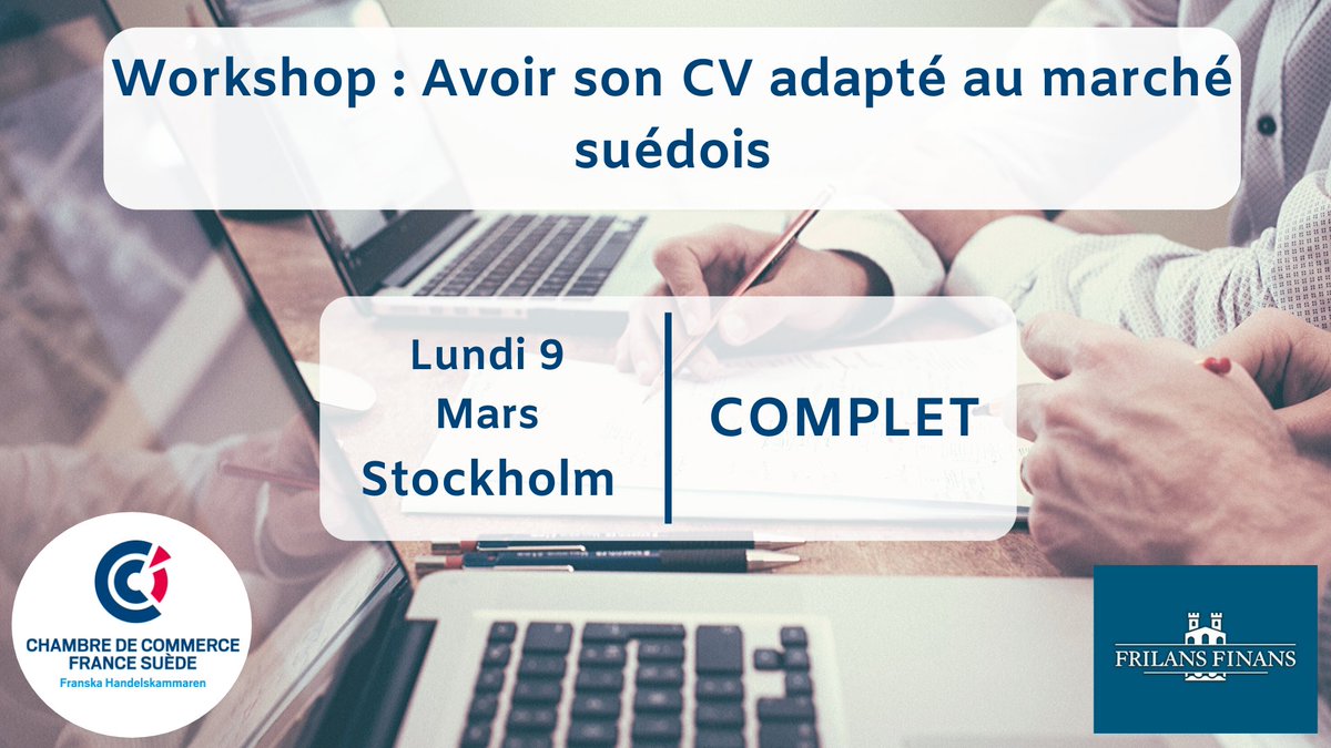 COMPLET / FULLY BOOKED

Le workshop "Avoir son CV adapté au marché suédois" est complet.

Le prochain workshop CV aura lieu en octobre 2020 dans le cadre de la session d'ateliers d'accompagnement à la recherche d'emploi en Suède.