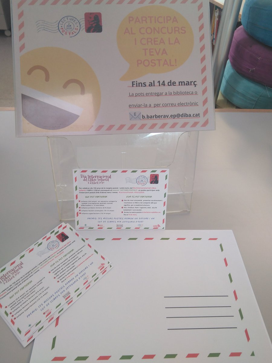 BiblioBarbera's tweet photo. Encara no has participat al concurs #LecturesPostals ? Si tens de 0 a 14 any, vine a la biblioteca, crea la teva postal recomanant un llibre i enviarem totes les postals a la Biblioteca D. José Vargas Gómez al municipi d'Abarán (Murcia), Nosaltres rebrem les seves! https://t.co/nAVctDrOZ2