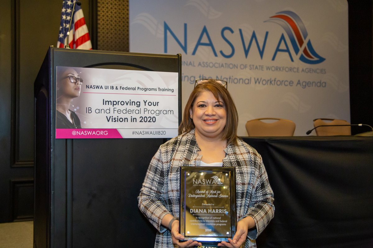 Congratulations to Diana Harris, Texas Workforce Commission <a href="/TXWorkforce/">Texas Workforce Commission</a> for being honored with the Unemployment Insurance Interstate Benefits Award of Merit for Distinguished National Service #NASWAUIIB20 naswa.org/news/unemploym…