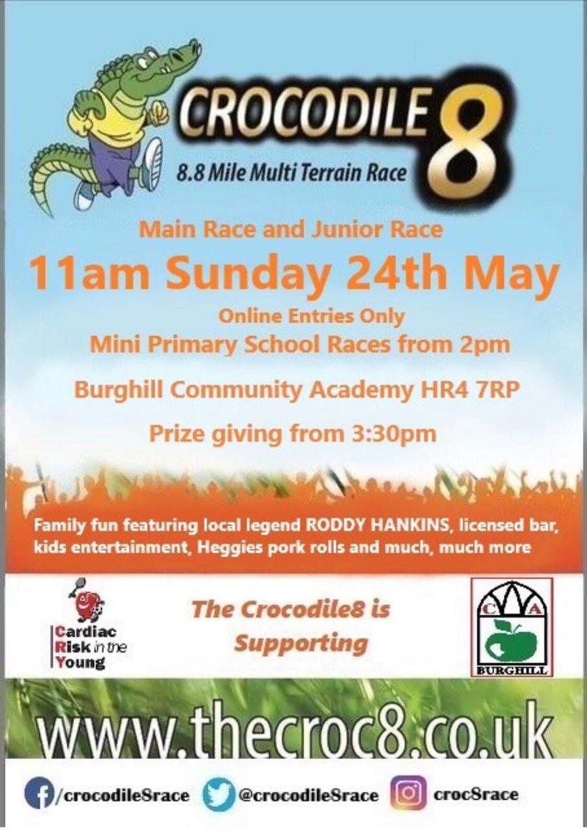 Well here it is folks, feel free to share away, our New Poster for this years Crocodile 8
Yes, you did read it right, we are at Burghill school ALL DAY and Evening with fun for all the family. Join us for drinks, food and plenty of entertainment including LEGENDARY Roddy Hankins!