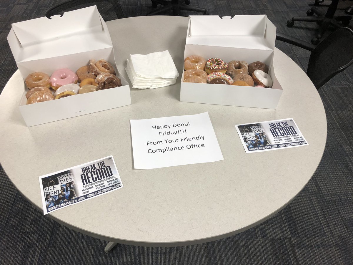 RiceCompliance's tweet photo. It’s Friday, so you know what that means 🍩😋!!! Stop on by Bixby to grab one while they are still available (Disclaimer: @RiceTFXC was first!) #DonutFriday 

Also, let’s break the attendance record this Sat. for @RiceWBB and @RiceBasketball!! #GoOwls #RFND 🦉👐 https://t.co/StXaibgT8H
