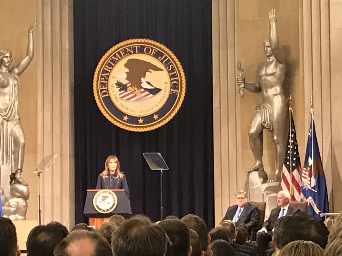 ClareHymes22's tweet photo. First Lady Melanie Trump addresses a crowd of prosecutors at DOJ this morning, thanking them for their work in the fight against opioids. “The success across the administration is also due to all of you who are here today.” https://t.co/souCAlXkcY