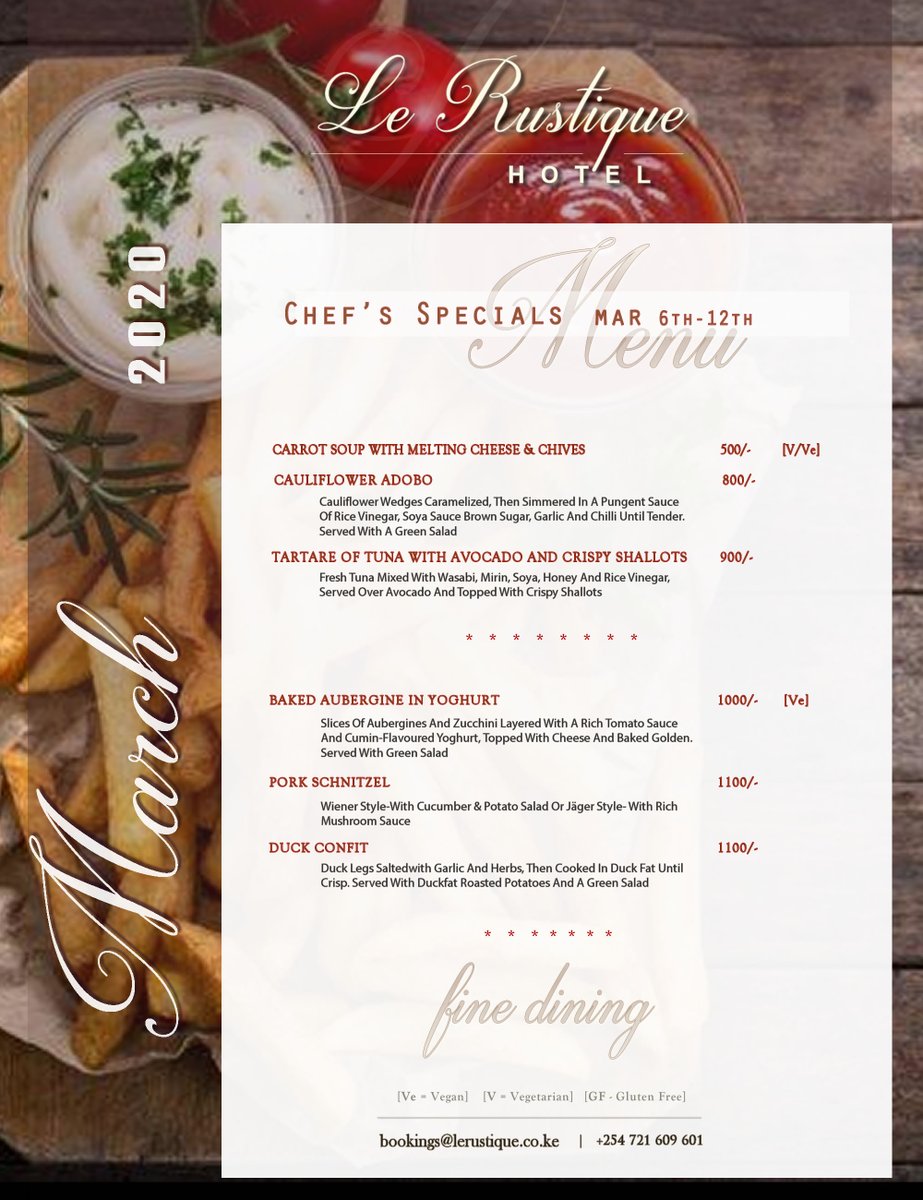 EatAtLeRustique's tweet photo. Currently serving this delish specials menu.

To make your reservation:
Call 0721-609-601
Email: bookings@lerustique.co.ke

Check out our standard menu at: https://t.co/bdrrgF81uo

#LeRustiqueHotel #FineDiningNanyuki #HealthyEats #Salads #seafood #SeafoodSalad #Nanyuki #gourmet https://t.co/QGbJvNAxxg