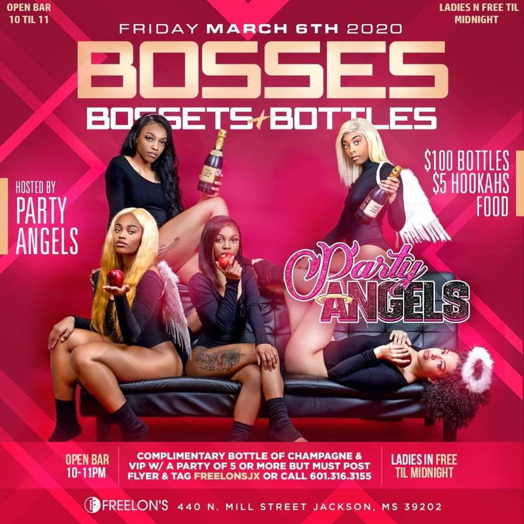 Bosses, Bossets and Bottles Fridays
Ladies Free Til Midnight
Open Bar 10-11
$100 Bottles all Night
Complimentary Bottle of Champagne W/ A party of 6 or more must
RSVP to 769 300 5303