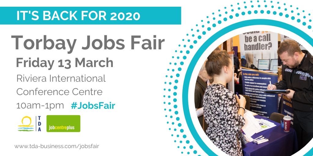 Just 1 week to go until The Torbay #JobsFair @RivieraCentre With over 60+ exhibitors attending, all with live vacancies to fill! Come along, it's #FREE to attend. For anyone looking for a job, make sure you put the date in your diary - Friday 13th March 📅