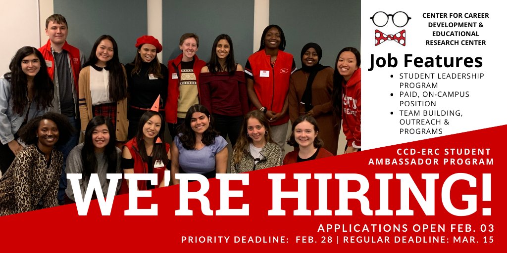 CCDERC_SA's tweet photo. Applications for the 2020-2021 CCD-ERC Student Ambassador Program are OPEN! The deadline to apply is Sunday, 3/15! This paid, on campus position allows ambassadors the opportunity to help fellow students develop academic success strategies and career development skills. https://t.co/kbiDNFzHnU