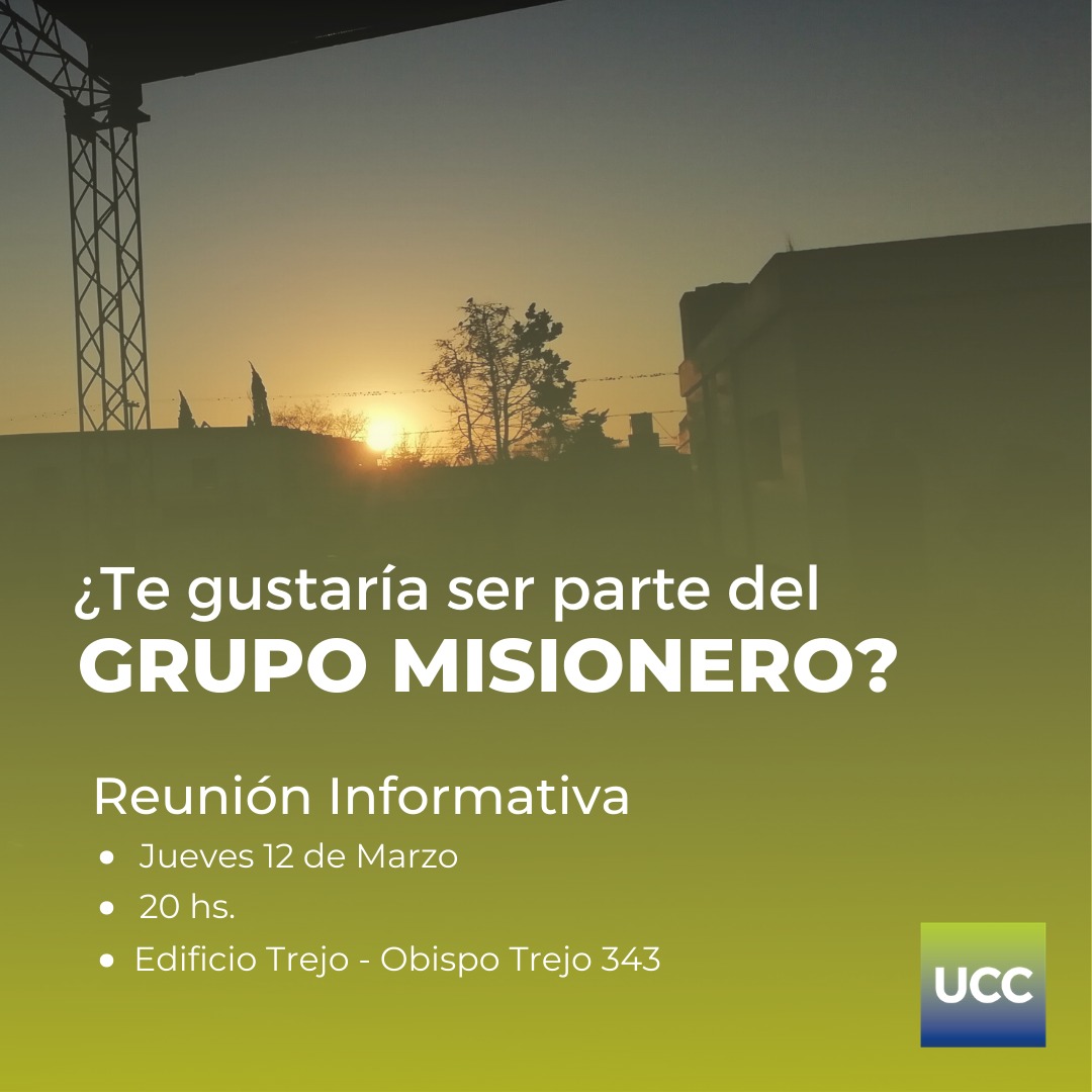 claudiogelmi's tweet photo. GRUPO MISIONERO 2020
¡Te invitamos a ser parte de nuestro #GrupoMisionero! Acercate a conocernos el 📅jueves 12 de marzo a las⌚20 en Trejo (Obispo Trejo 343) 
#VRMU #PastoralUCC
@UCCoficial 
https://t.co/VdOseNHpMr https://t.co/BtRxxcItWQ
