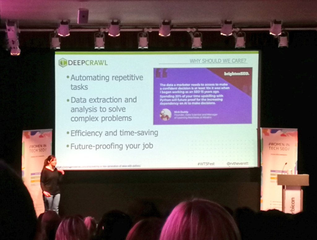 MacNaughtSEO's tweet photo. @rvtheverett talking us through how Python can help us with technical SEO 💻 @techseowomen #WTSFest https://t.co/bGdlP6Tp9C