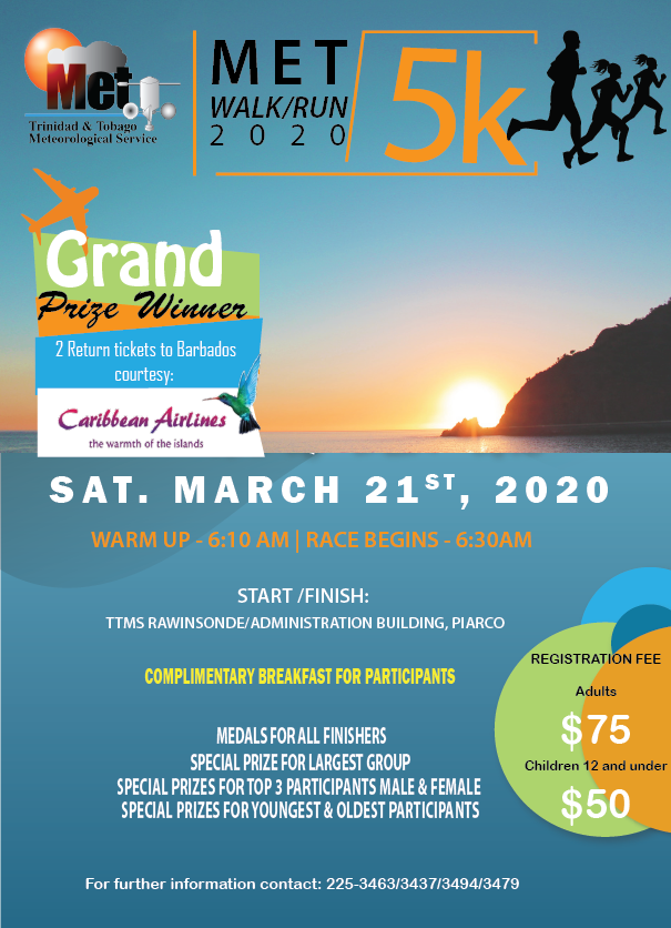 TTMetOffice's tweet photo. Come be a part of our 5th Annual 5K Walk/Run as we commemorate World Meteorological Day 2020 on the 21st March!

🔹Download registration form at: https://t.co/1mnOK9MvSb
🔹Submit completed registration form and fee at TTMS Rawinsonde/ Administration Building

#csrcaribbean #ttms https://t.co/mHaV927nkK