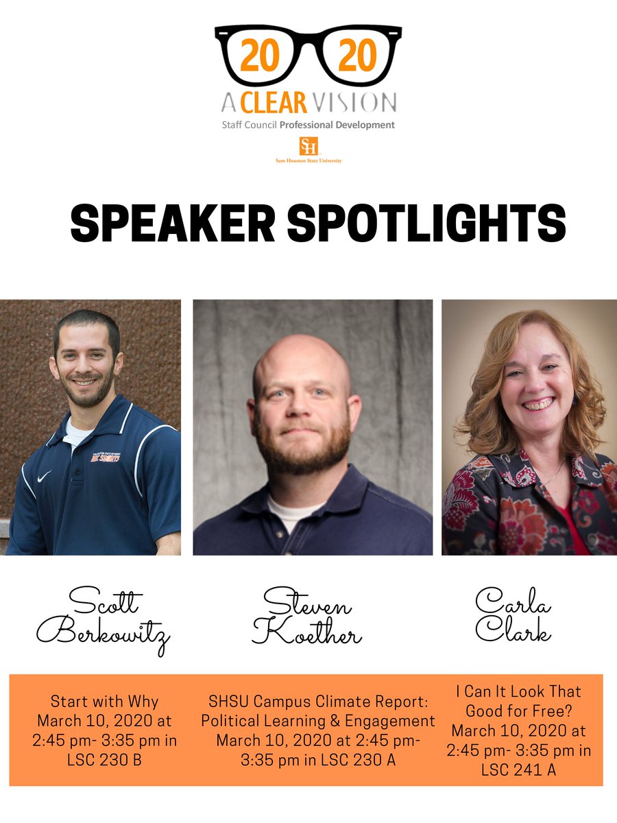 Professional Development Conference will be here soon! Don't miss these awesome speakers!!! #SHSU #aClearVision2020 #StaffCouncilPDC #shsuStaffCouncil