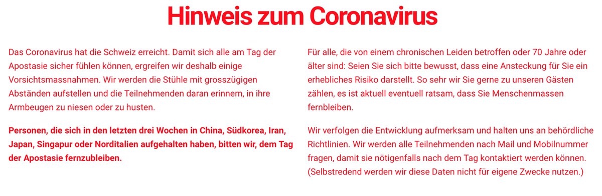 ApostasyDay's tweet photo. #Coronavirus: Damit sich am @ApostasyDay alle sicher fühlen können, ergreifen wir einige Vorsichtsmassnahmen, s. Bild / https://t.co/ldlLN3bWLI.
- grosszügiger Abstand zwischen den Stühlen 
- wir erinnern an die üblichen Hygienemassnahmen
- wir weisen möglicherweise Infizierte ab https://t.co/28eKiCJscM