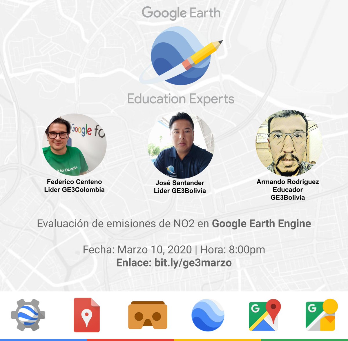 GoogleResearc12's tweet photo. Estimados amigos, Google Earth Education Experts Latinoamerica - GE3LATAM los invita al 2do Webinar Internacional
Información: https://t.co/ZbEJdh0wfx
10 de Marzo, 8pm Bolivia (GMT -4)
#GE3Latam #EarthEveryDay #EarthOutreach #GoogleForEdu #ODS #GE3Bolivia https://t.co/Do3g8mGTfT