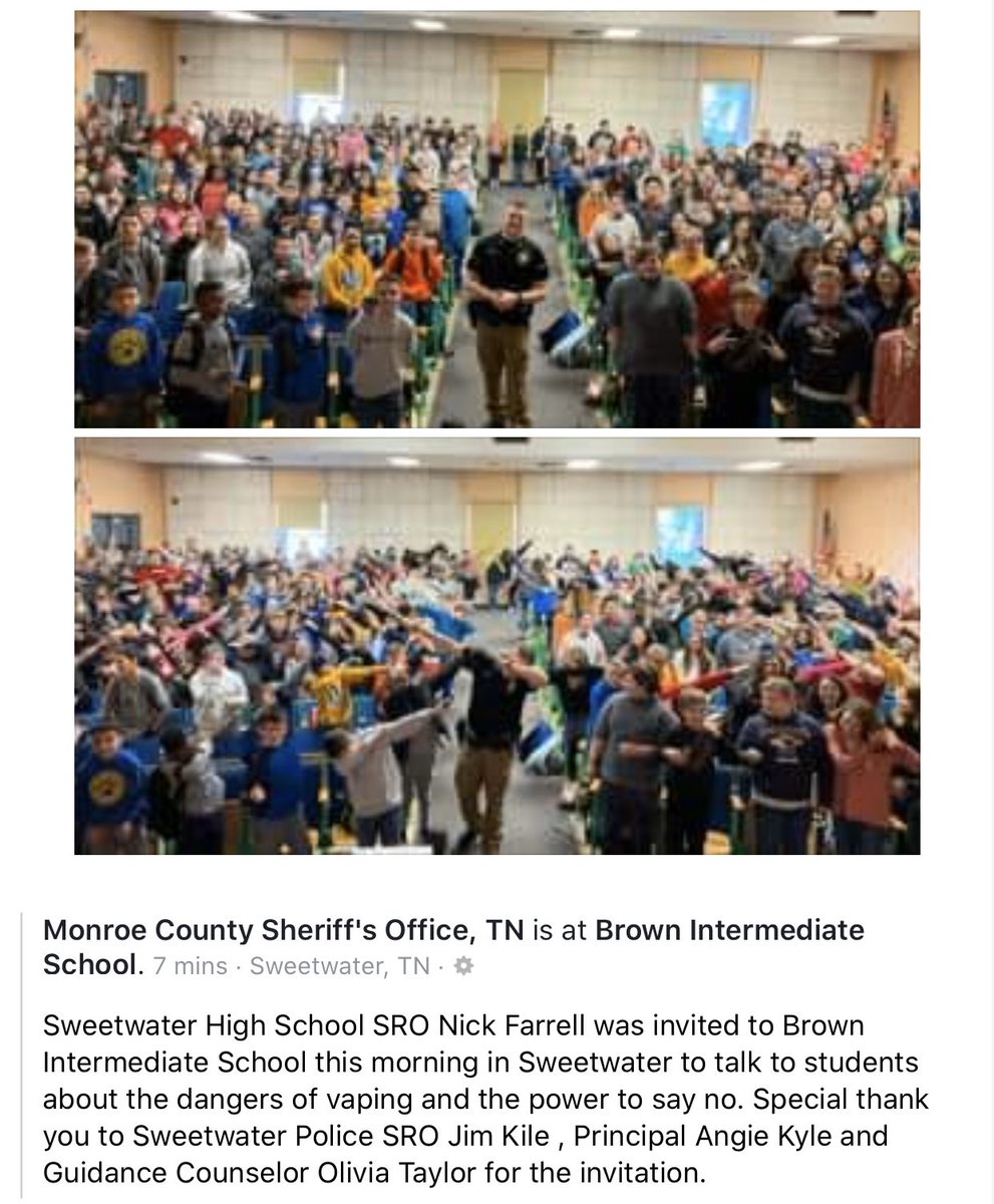 MonroeCountySc1's tweet photo. We are so proud of SHS’s SRO, Nick Farrell! Officer Farrell presented at Brown Intermediate School today about the dangers of vaping. Thank you, Officer Farrell, for getting the word out! #OneTeamOneMission #VapingIsDangerous #OurSROsRock https://t.co/T8K24mcMOW