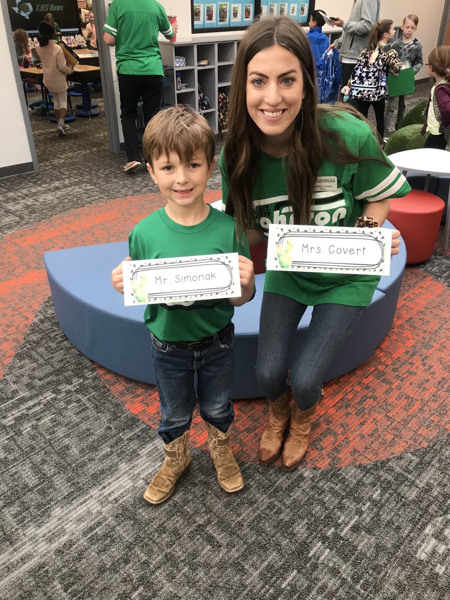 Covert1st's tweet photo. Teacher assistant day!!! So excited to be twinning with my student and let him take over! What a fun Friday! 💚🤍 @Jack_D_Johnson #JESFamily https://t.co/TkcgfUGnm6