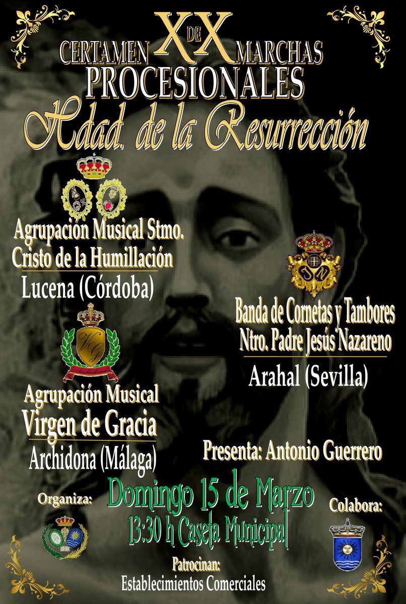 Hdad_Resucitado's tweet photo. Ya nos encontramos preparando nuestro tradicional certamen de marchas procesionales con @nazarenoarahal @AMVGRA @AMhumillacion https://t.co/icg74MdWky
