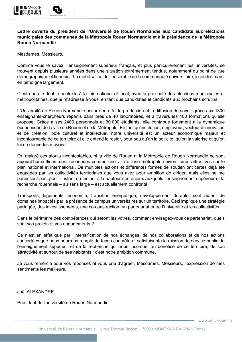Lettre ouverte du président de l’Université de Rouen Normandie aux candidats aux élections municipales des communes de la Métropole Rouen Normandie et à la présidence de la Métropole Rouen Normandie. <a href="/Rouen/">Ville de Rouen</a> <a href="/MetropoleRouenN/">Métropole Rouen Normandie</a>