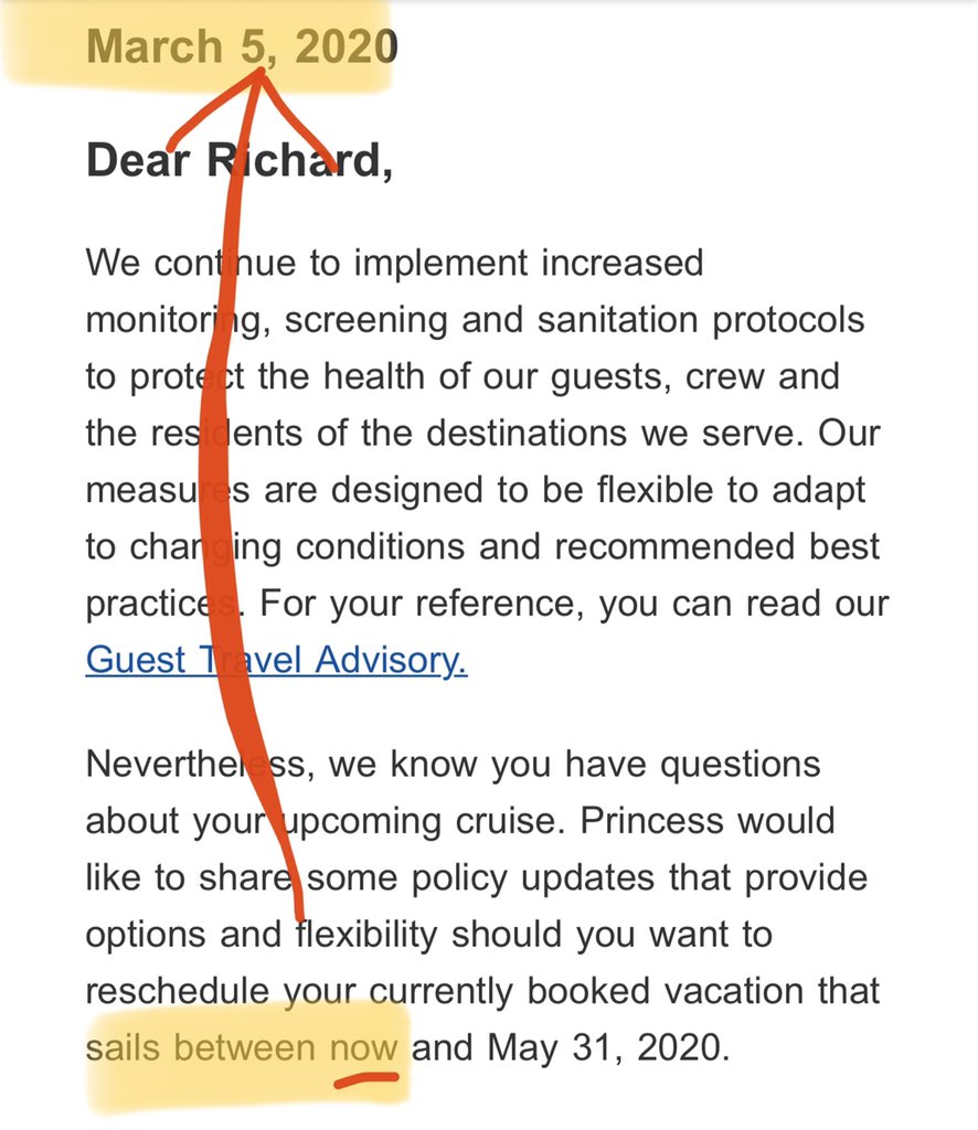 R_Stapler3's tweet photo. @PrincessCruises In that same email, it says, “should you want to reschedule your currently booked vacation that sails between NOW and May 31, 2020” That should apply to ALL the people leaving the March 7th &amp; 8th too!!! https://t.co/LqsD8aSWdP