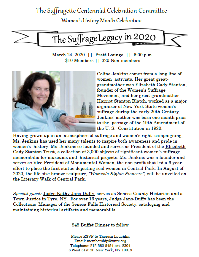 Please join us for The Suffrage Legacy in 2020! Tuesday, March 24, 2020 6 p.m. $10 Members || $20 Non-Members $45 Dinner Buffet to follow Please RSVP to attend: Email: membership@wnrc.org Phone: 212-582-8474 #wnrc #gop #republican #suffragettes #nyc #thingstodoinnyc