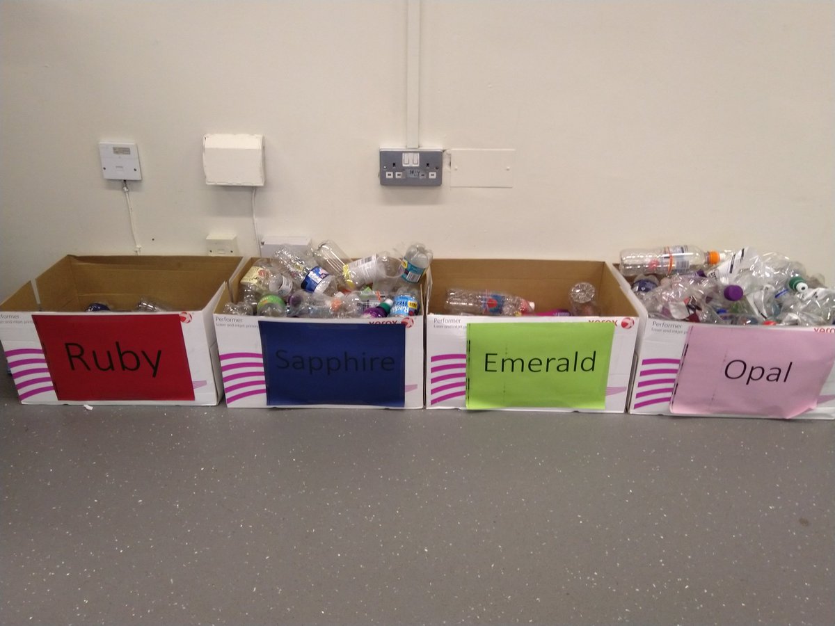Over the last week we have recycled 261 bottles. Ruby won after recycling 70 bottles with Sapphire in close second with 69 recycled, Opal third and Emerald fourth. #Attenboroughweek ♻️