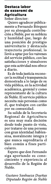 FernandoBrquez1's tweet photo. Muy emocionado por numerosas muestras de cariño durante estos días, como las Cartas al Director del diputado Gustavo Sanhueza, Alfredo Schmidt y Celerino Quezada en  @ladiscusioncl. Esto me deja feliz y tranquilo que el esfuerzo por un Ñuble mejor fue recibido por la comunidad. https://t.co/05XpqsihXq