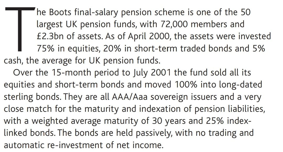 thecdstrader's tweet photo. I'd like to nominate this as the greatest trade of all time:

In 2000-01, Boots moved its entire pension fund from equities to long-term £ bonds.

In 20yrs, gilts have gone from 4.5% to 0.5%, whilst FTSE is up <10%. 

No trading, auto reinvestment => tiny management charges. https://t.co/EdtpQfAA1n