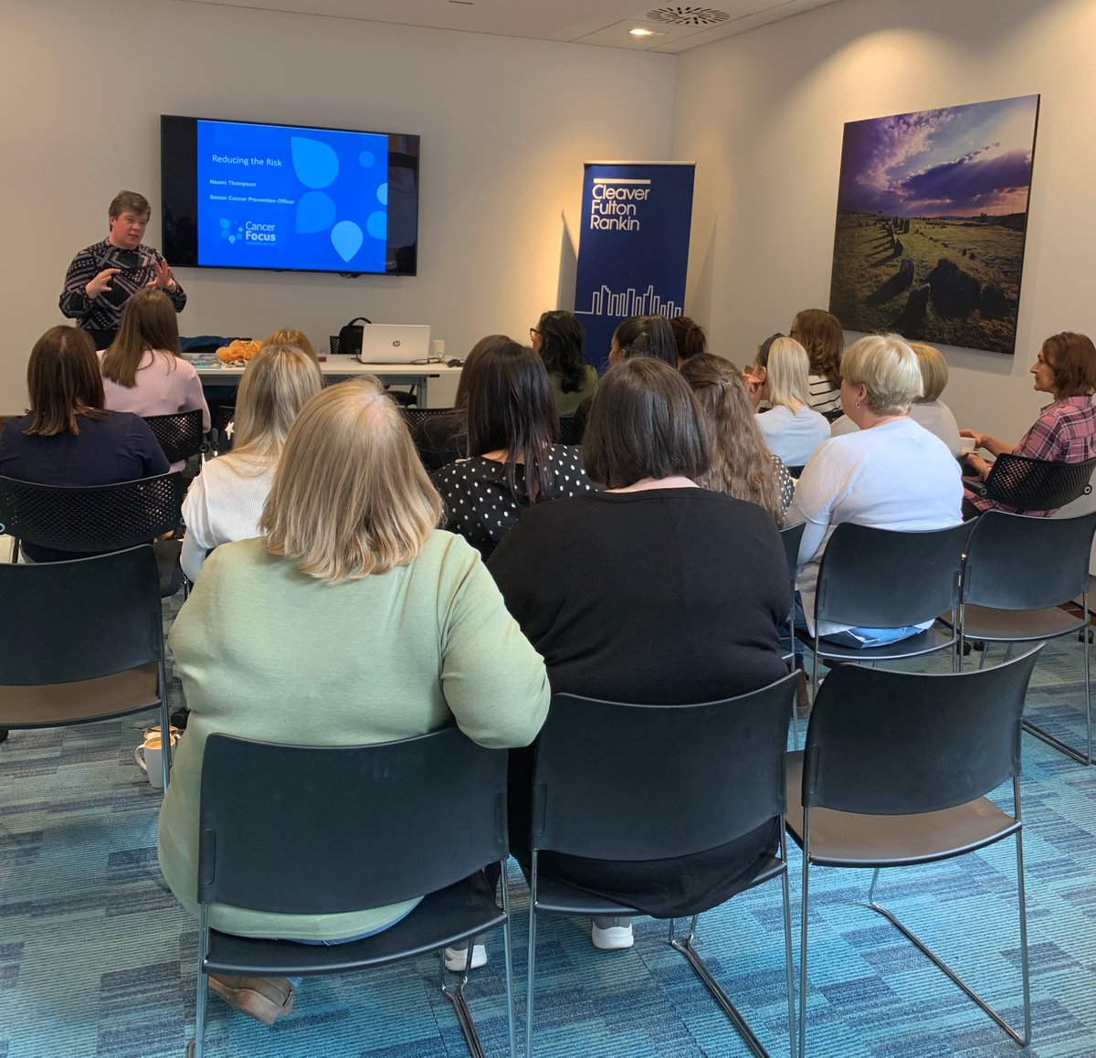 CFR_Law's tweet photo. This morning we were delighted to hear from @CancerFocusNI as part of our 
#InternationalWomensDay2020 celebrations. Our team was educated on the most common cancers and given fantastic advice on prevention, particularly by having awareness and living a healthy lifestyle.#IWD2020 https://t.co/jprUJNgJjC