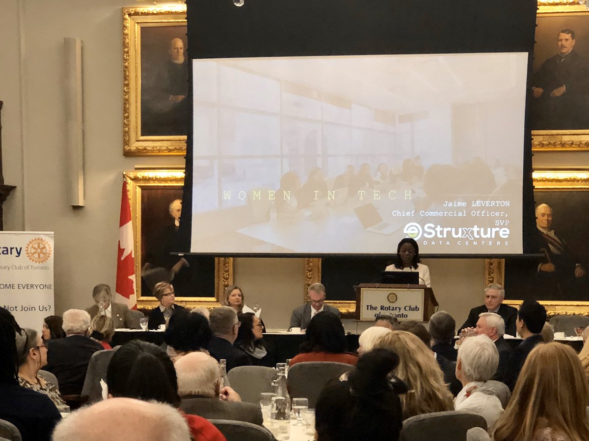 RotaractTO's tweet photo. Today, members of #RotaractTO joined Rotarians and guests at the National Club for @TorontoRotary’s #WomensDay Lunch. We heard from guest speaker Jaime Leverton, chief commercial officer, @estruxture Data Centres on #WomenInTech and #FemaleLeadership https://t.co/lAgFbjco8Z