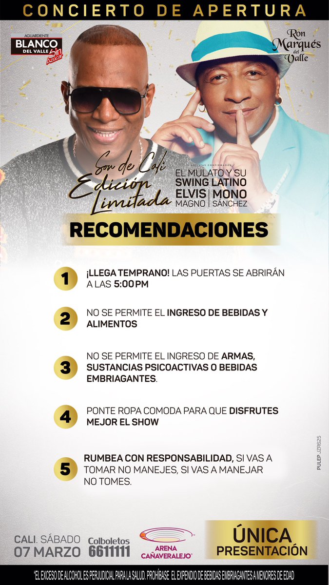 GCProducciones2's tweet photo. ✅Recomendaciones importantes para que disfrutes tu concierto. 

📌Si aún no tienes tu boleta, compra aquí: https://t.co/tYlSqf3OOn

@WILLYGARCIACali @JaviierVasquez @elmonosanchezof @ElvisMagnoOfic https://t.co/6nwY6JDk6Z