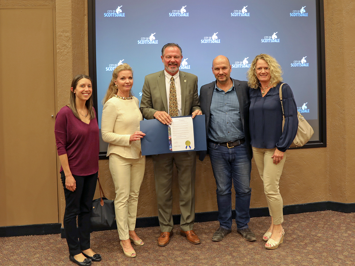 ScottsdaleArts's tweet photo. In the City of Scottsdale, the month of March has officially been recognized as #ScottsdaleArtsFestival month. Here’s our Festival team with our CEO &amp; President Gerd Wuestemann alongside Mayor Lane &amp; Alison Lewis of the #ScottsdaleArts Board of Trustees Executive Committee. https://t.co/pMimJ8qr31