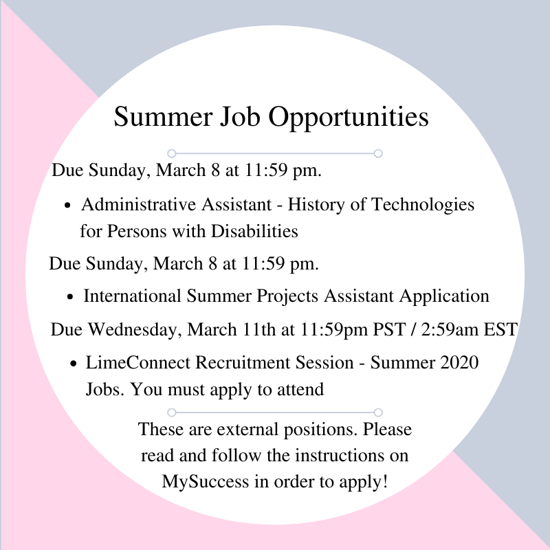 Summer job opportunities closing this month, check them out through mySuccess portal via Carleton Central.