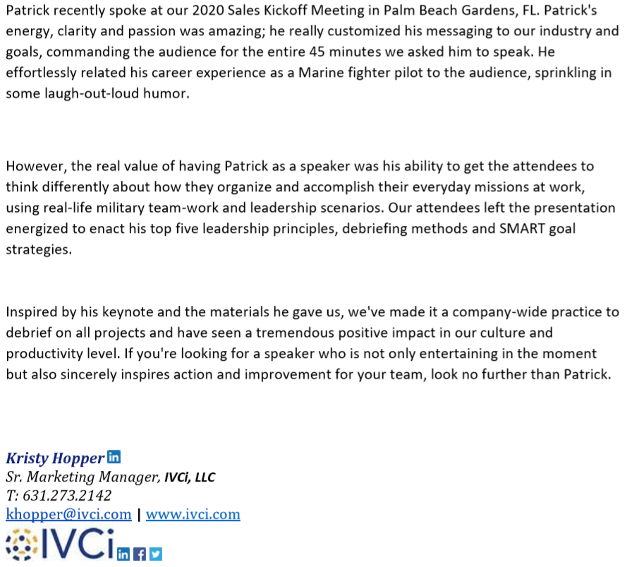 HoulahanPatrick's tweet photo. Testimonial from IVCi. If you are looking for a #dynamicspeaker that delivers a #greatpresentation and relevant tools for your team, send me a note. Love teaching and helping others. Let me help you Build Inspired, Compassionate, Mission-Driven Leaders! https://t.co/shgh75twYg https://t.co/P0Z8YGH9Qx