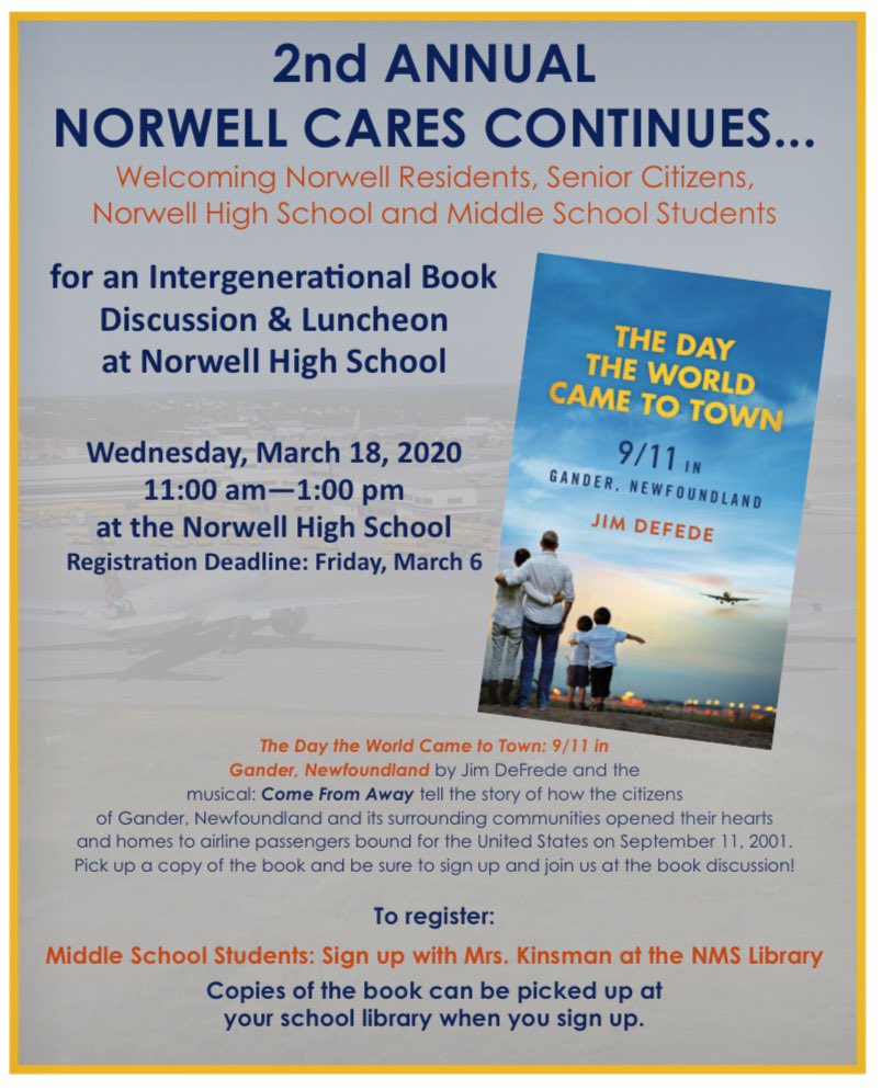 LibraryNMS's tweet photo. Our intergenerational book discussion is less than two weeks away, and we are almost at capacity! NMS students who would like to participate should visit the library to sign up and check out a copy of The Day the World Came to Town by @DeFede https://t.co/3zLT5lTduk