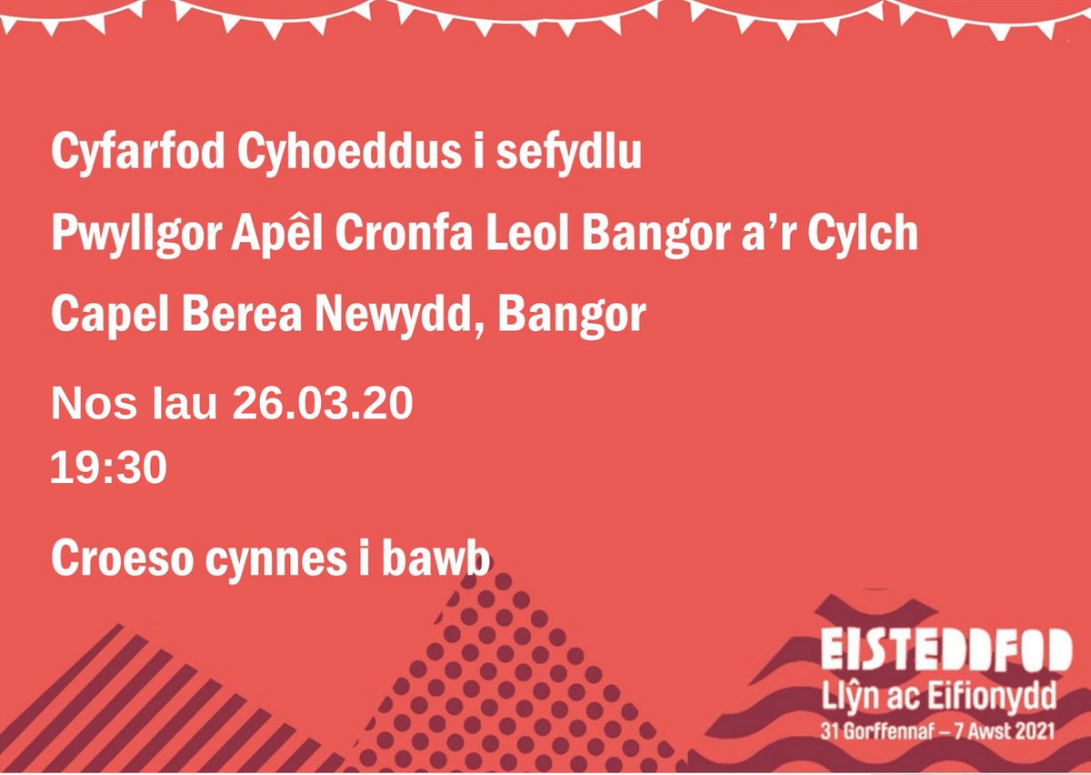*** NEWID DYDDIAD*** Dewch yn llu i gyfarfod cyntaf pwyllgor apêl cronfa leol Bangor a’r cylch⬇️ #yagym <a href="/eisteddfod/">eisteddfod</a> <a href="/CymraegBangor/">Cymraeg Bangor</a> <a href="/UMCB1/">UMCB</a>