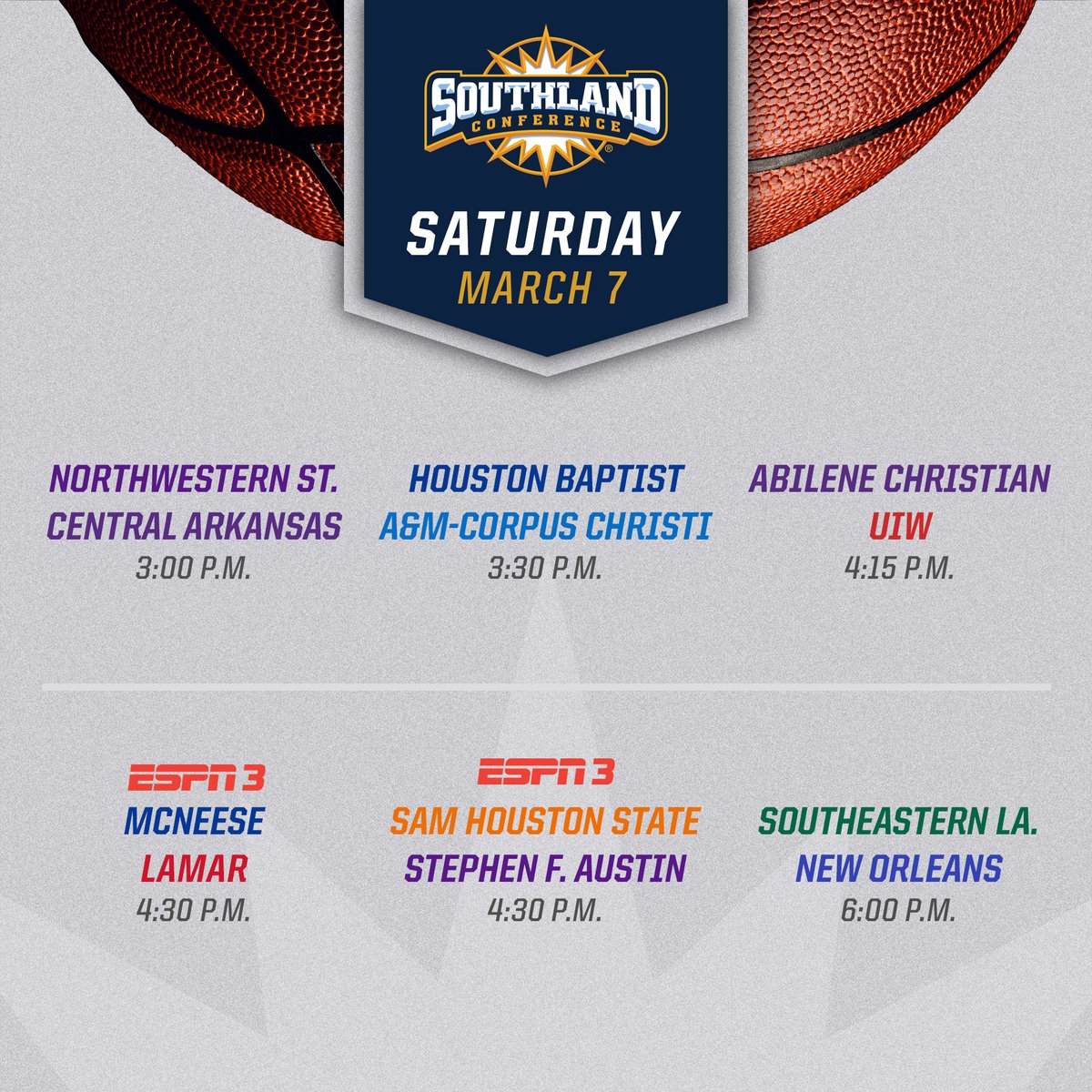 SouthlandSports's tweet photo. It all comes down to this! The final 4⃣ spots and the other 7⃣ seeds below @SFA_MBB will be decided today with 6⃣ games, beginning with @NSUDemonsMBB at @UCAMBB at 3 p.m. #SouthlandStrong #CountdownToKaty https://t.co/yYQNZ6Zg8o