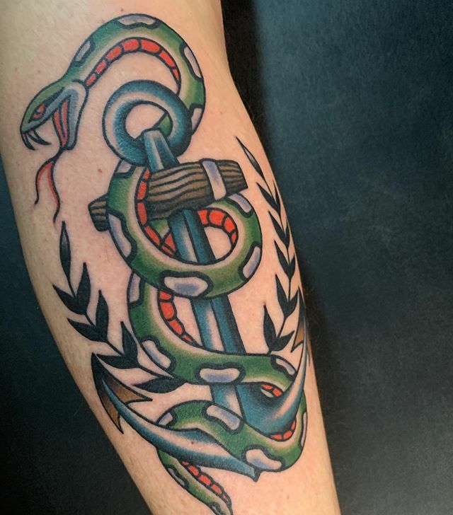 idlehandsf's tweet image. Anchor and Snake for my seaman bro @bduffya the other day @idlehandsf #idlehandsf #rosskjones #anchorandsnaketattoo