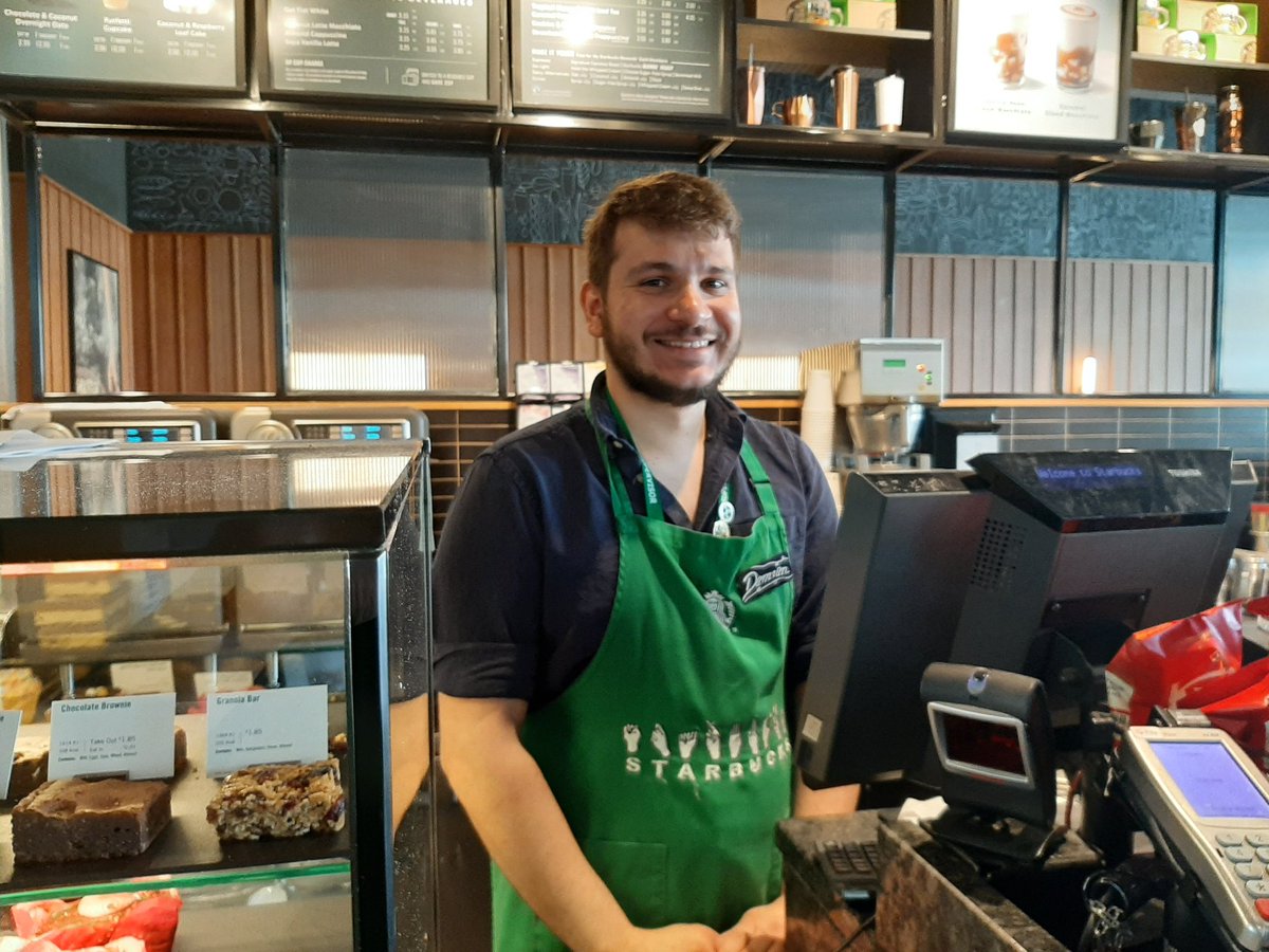 ladycaricatura's tweet photo. Really great to meet Damian and his sign language interpreter @Starbucks at City Tower Manchester today 😃😃#harnessingtalent #maximisingpotential https://t.co/eyDQWlxcTo