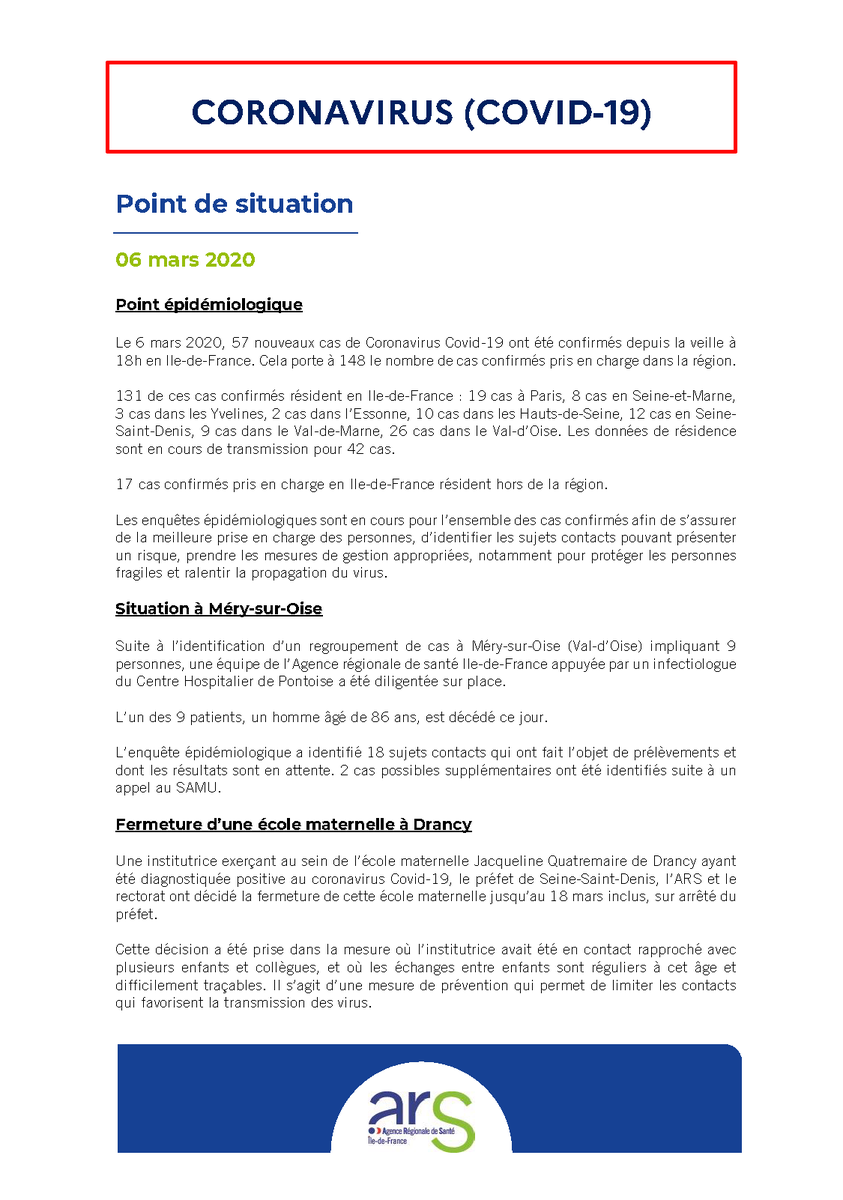 ARS_IDF's tweet photo. #Coronavirus #Covid_19 : point de situation sur le nombre de cas en Île-de-France (06/03/2020)
Les points de situation : https://t.co/johkgUJiiu https://t.co/6hUKrqQZjj