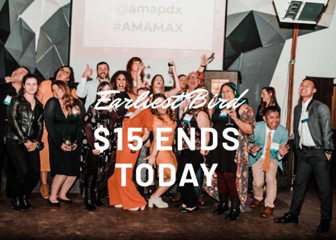 amapdx's tweet photo. Take advantage of our Earliest Bird Pricing ($15!!) - ending today for the 2021 MAX Awards and you can look just as friggin stoked as we do! Link in bio for tix! #amamax #pdxevents https://t.co/NVJCKTsEln https://t.co/OJmmjqSjW7